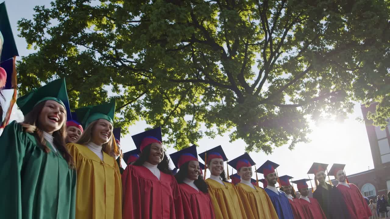 Low-angle video shot of diverse graduates in colorful gowns under a tree, capturing a celebratory