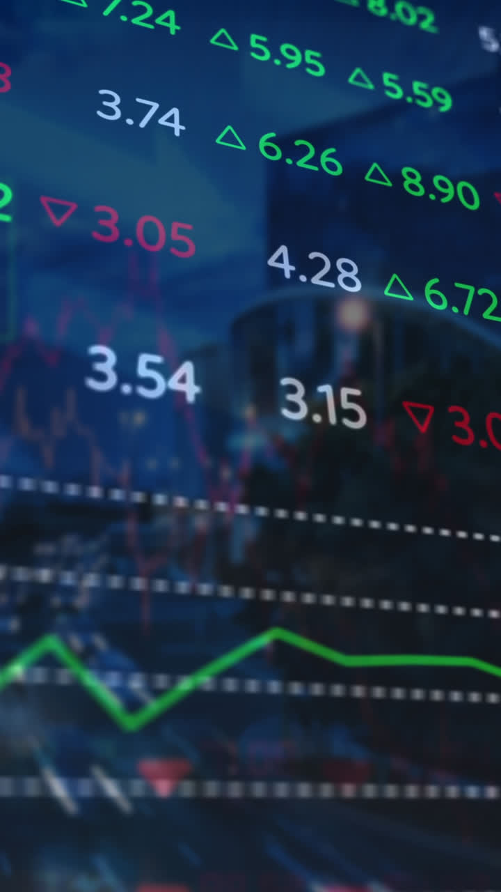 animación de datos financieros y gráficos sobre el paisaje urbano