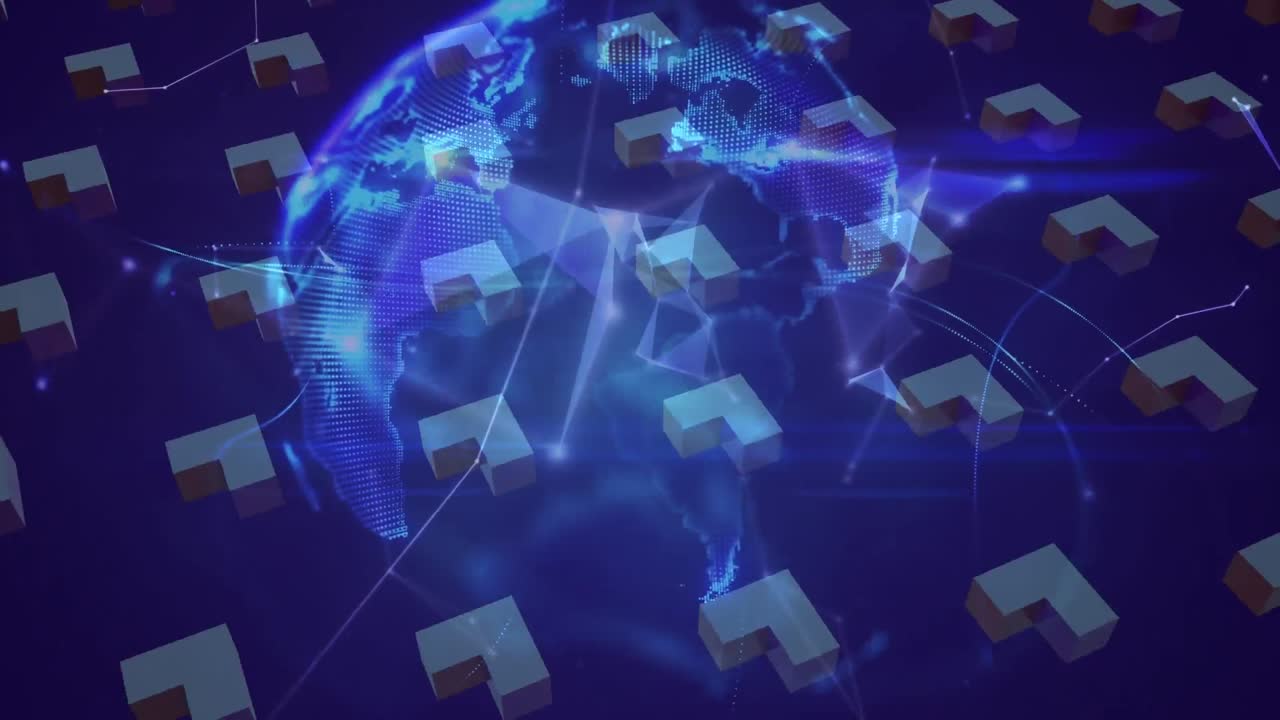 3d 객체, 연결 네트워크 및 해군 공간에서 회전하는 지구의 애니메이션