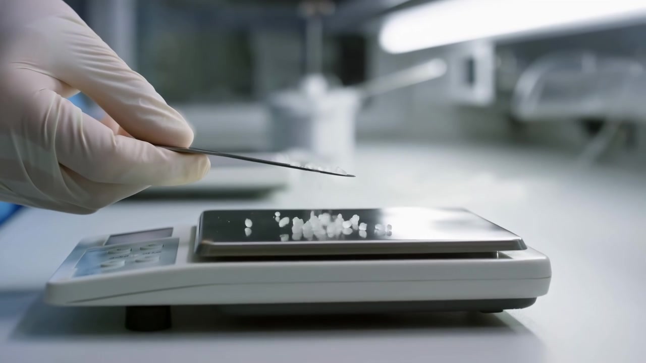 Motion scene shows gloved hand carefully moving metal spatula with white granular sample above digital scale on clean laboratory bench, emphasizing precision, hygiene, research workflow, and