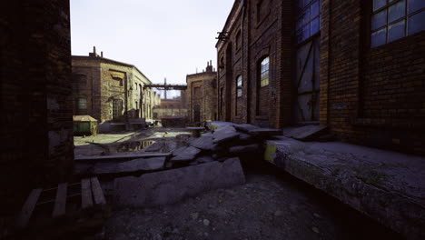 exploring an abandoned industrial site with weathered brick buildings