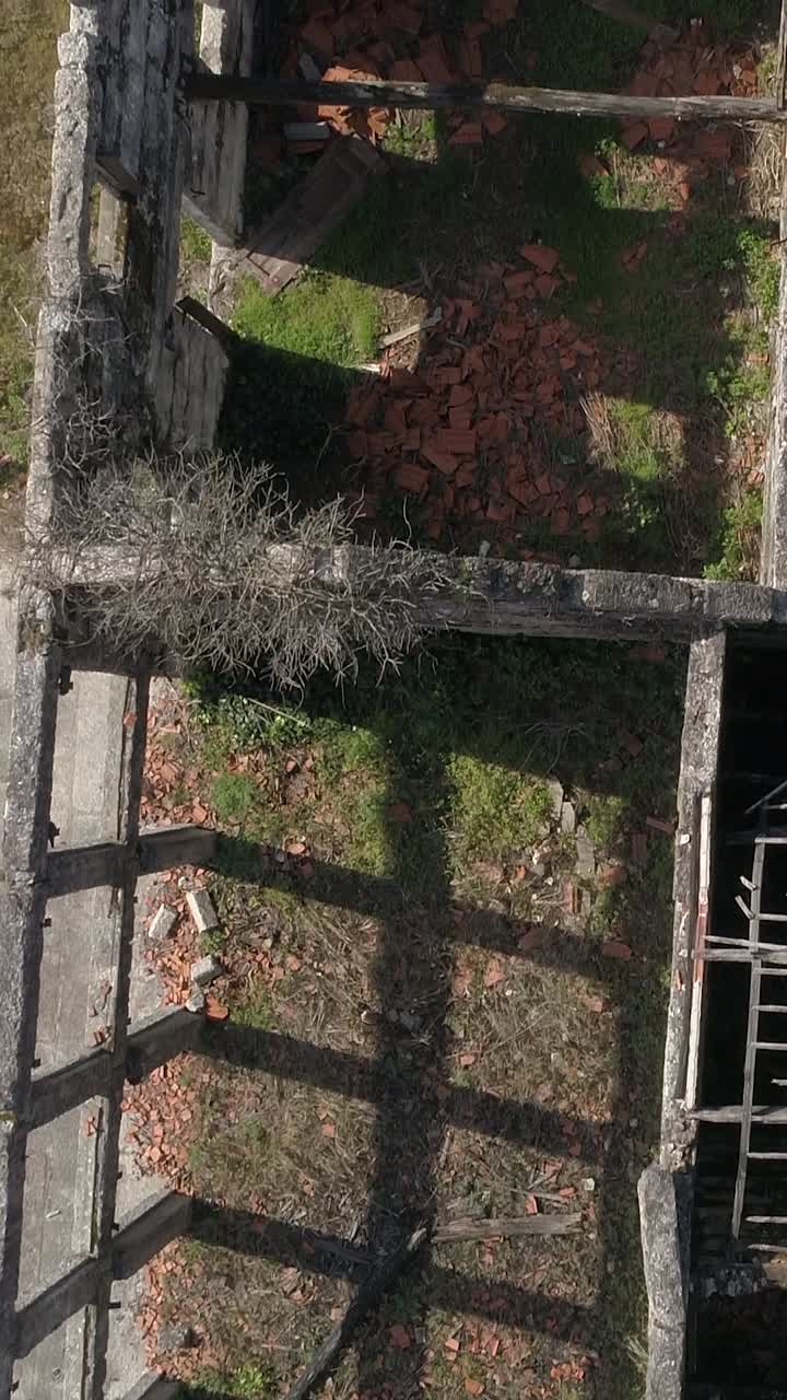 Fly above abandoned houses vertical video