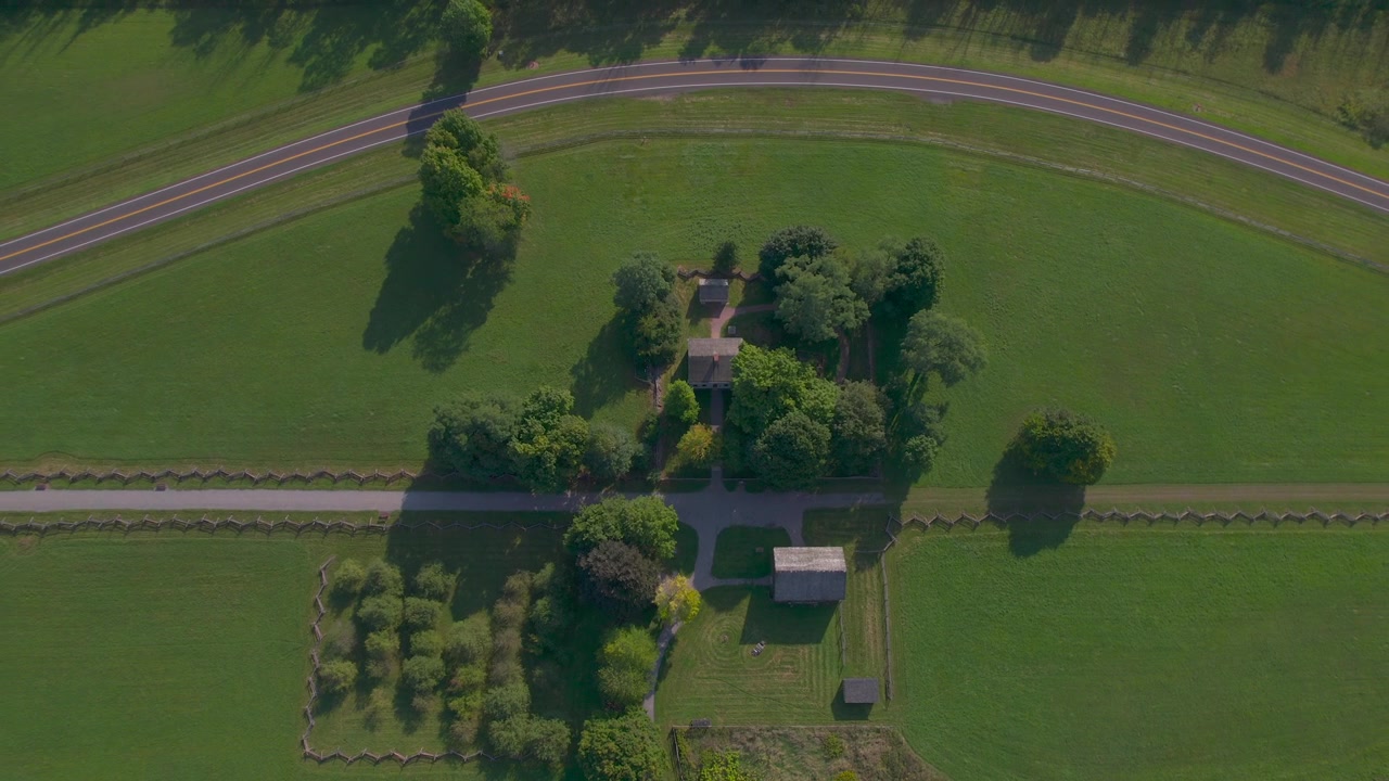 Birds Eye View, or drone shot of the Frame house property of the Smith Family, Joseph Smith Historical and Origin site for the Church of Jesus Christ of Latter-day Saints in Palmyra, New York.