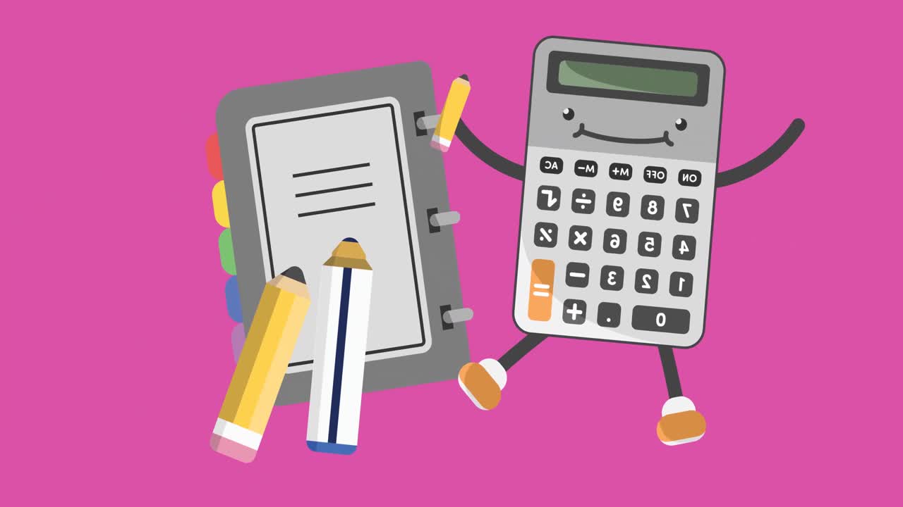 animación de los iconos de los artículos escolares que se mueven sobre un fondo rosa