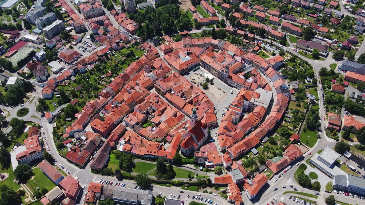Picturesque Prachatice, Czech Republic town from above with its medieval layout