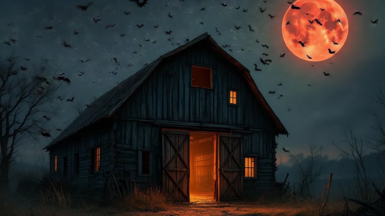 Eerie barn illuminated by glowing moonlight with bats flying in the night sky