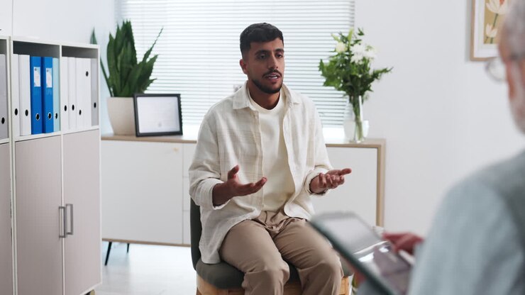 Young Man Talking and Gesturing During a Consultation Session