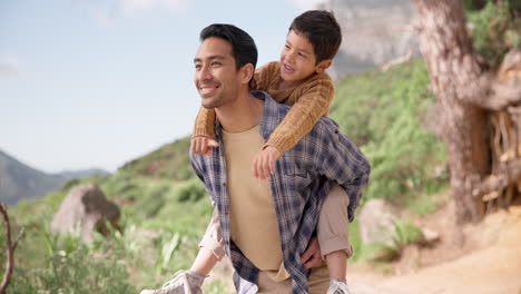 piggyback, kid or father hiking in nature