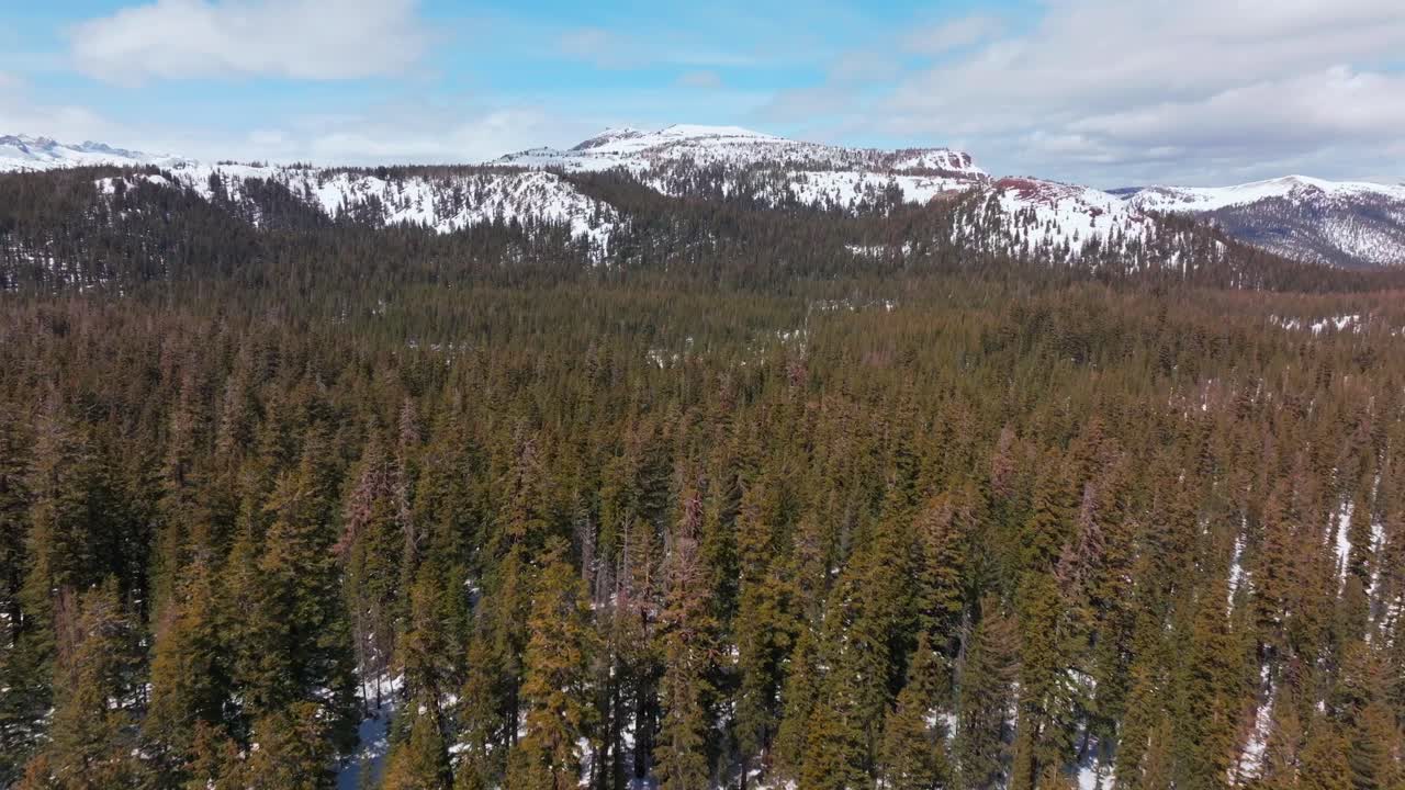 Inyo National Forest Tioga Pass Road Yosemite Minarets Summit Mountains Mammoth Lakes Ski Resort vista point view California aerial drone sunny clouds daytime snow forward pan up