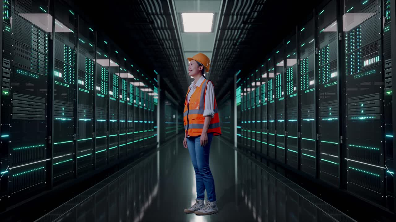 Full Body Side View Of Asian Female Engineer With Safety Helmet Looking Around While Standing in Server Room Data Center
