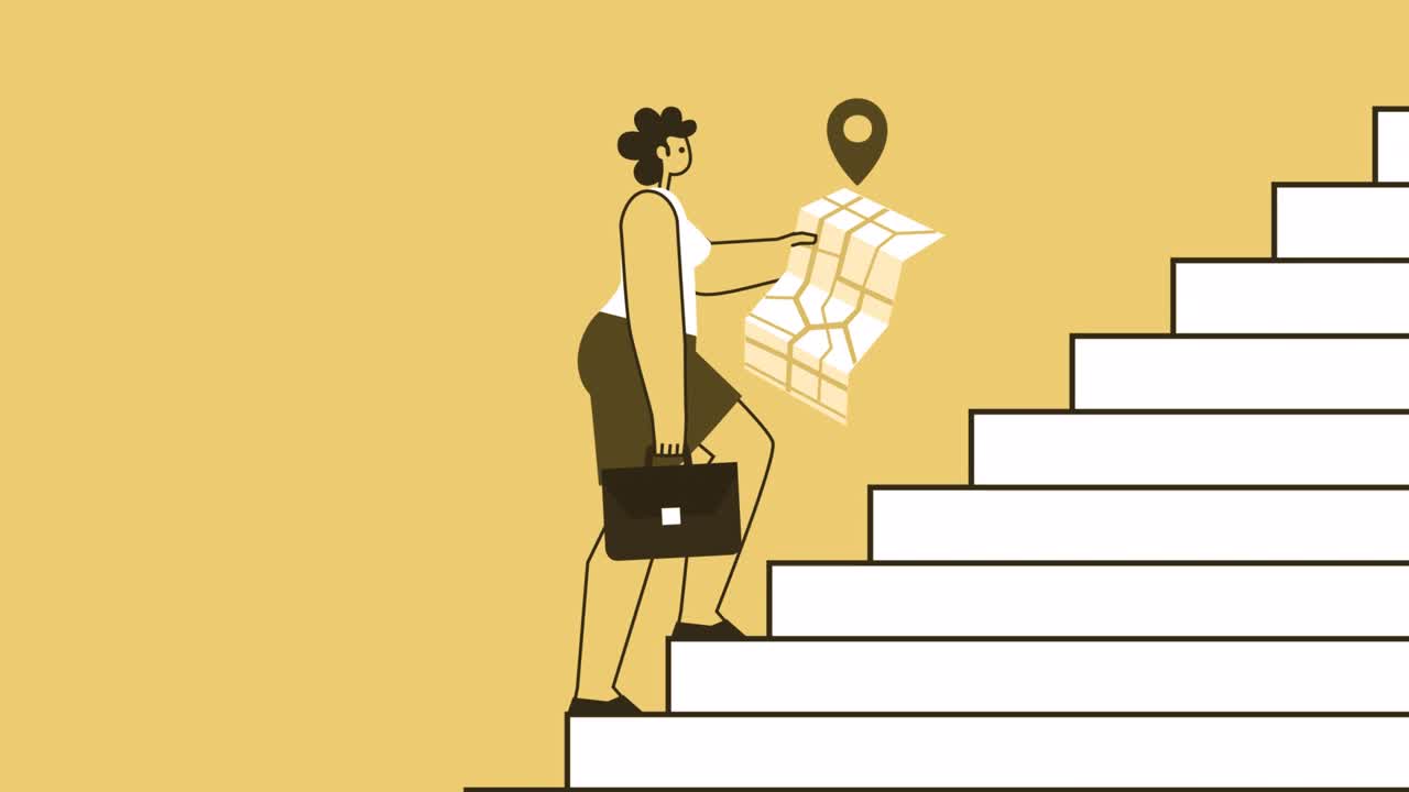 Yellow Style Woman with Briefcase Flat Character Climbs Stairs with GPS Map. Isolated Loop Animation with Alpha Channel