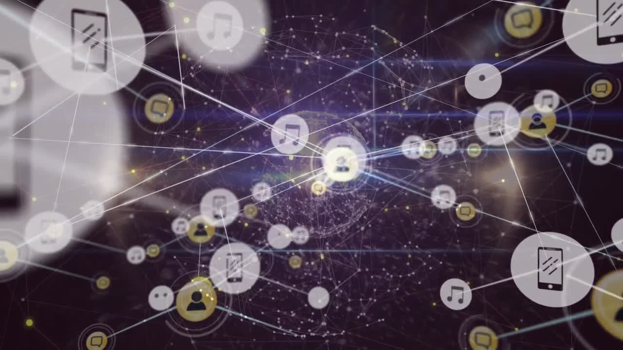 어두운 배경에 지구를 가진 아이콘으로 연결 네트워크의 애니메이션