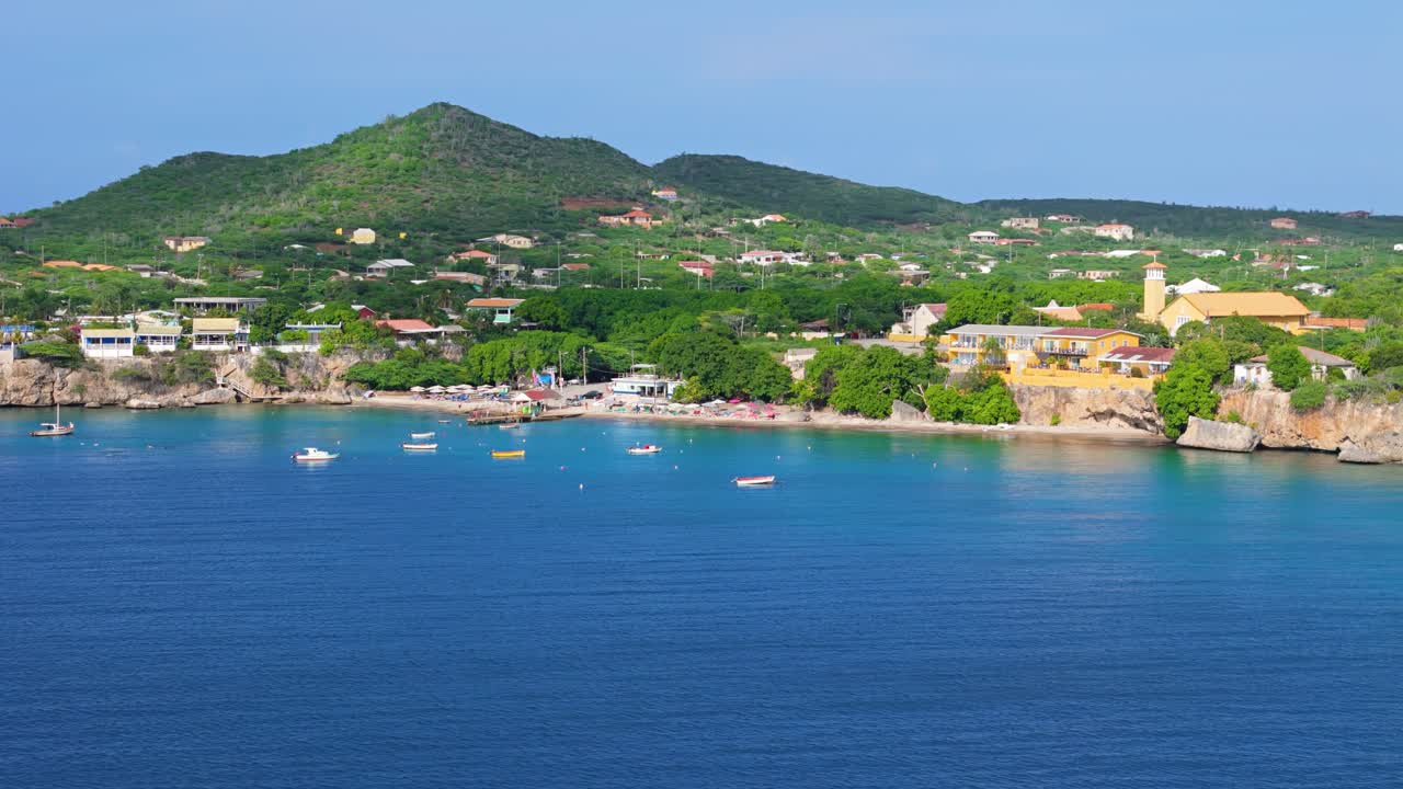 Playa piskado and Misa di San Pedro or Saint Peter's Church, aerial establishing view of Curacao