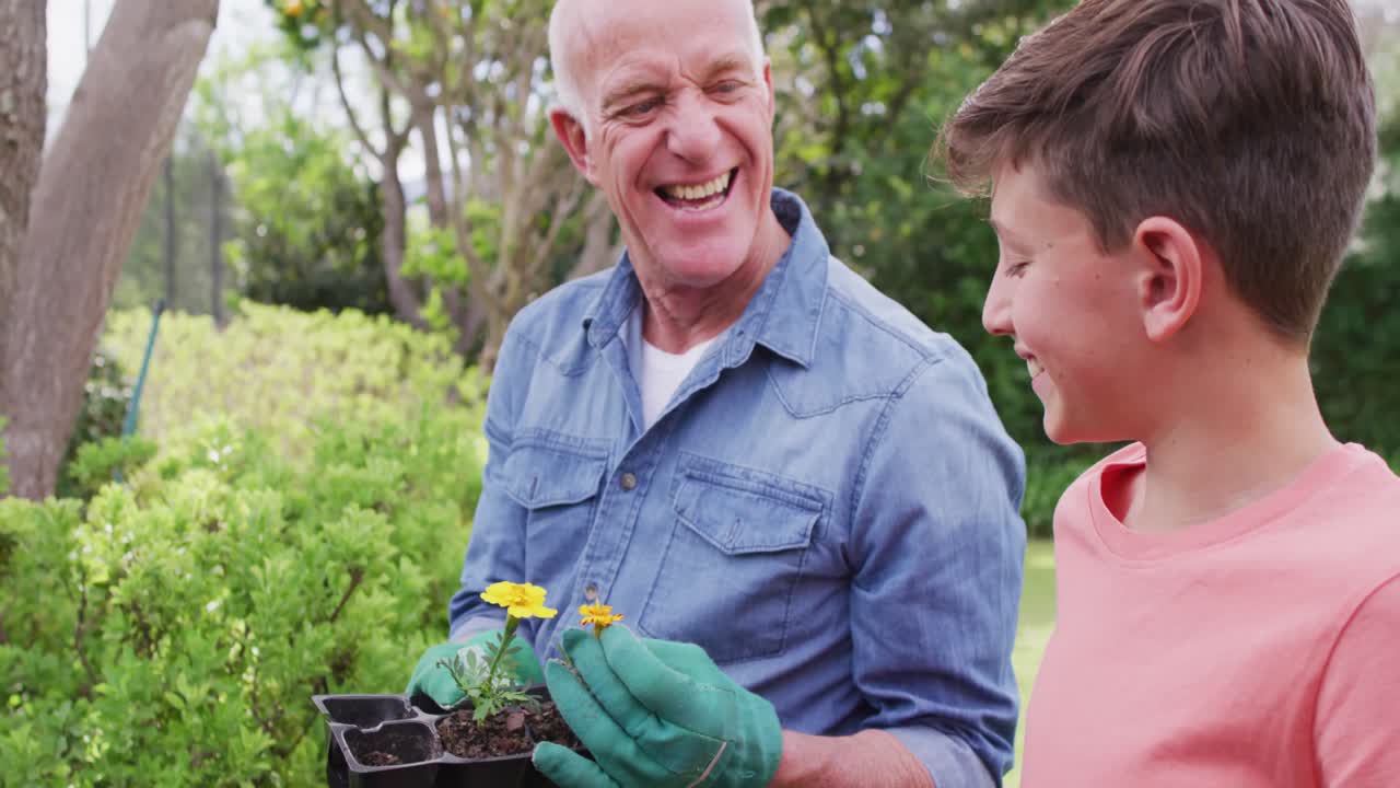 Happy caucasian grandfather and grandson working in garden on sunny day