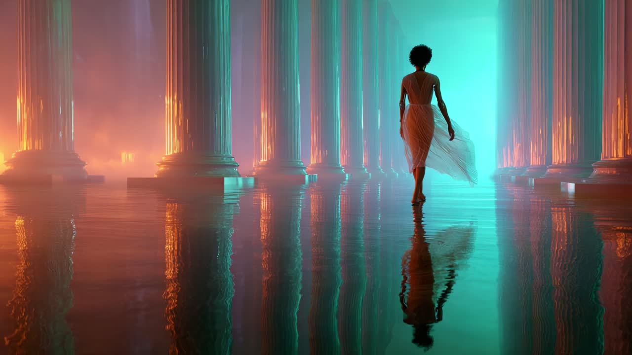 En æterisk figur silhouetteret mod majestætiske søjler, der går gennem et drømmeagtigt miljø oplyst af mystisk glød og reflekterende vand, der fanger skønhed og sindsro