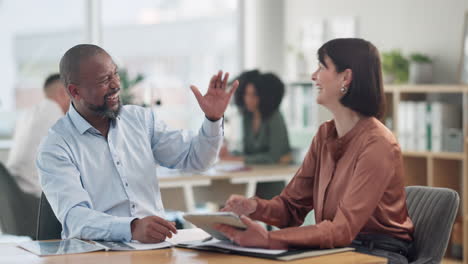 business people, tablet and high five for clients