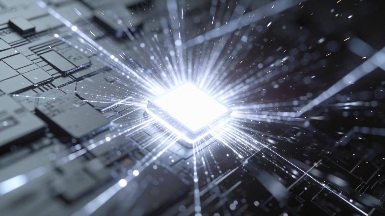 Quadratischer Chip strahlt entlang von Leiterbahnen auf einer Platine, während er Strom empfängt, Funken sprühen.