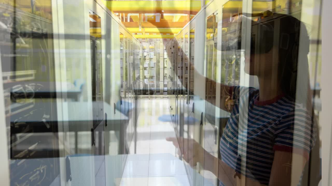 vr 헤드 ⁇ 을 착용한 여학생에 대한 컴퓨터 서버의 애니메이션