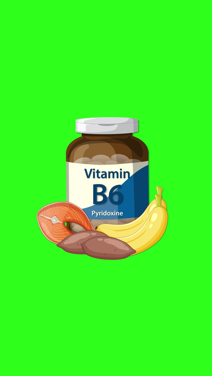 Un flacone di integratore di Vitamina B6 appare con banana, salmone e patata su uno sfondo verde brillante.