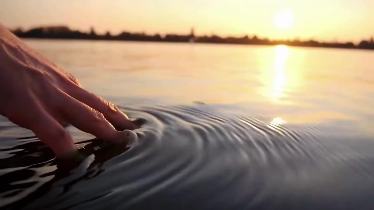 Hand Touching Calm Lake Water at Sunset