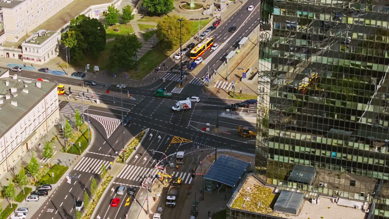 Warsaw crossroads top view, metaphor for blocked logistics and halted flows