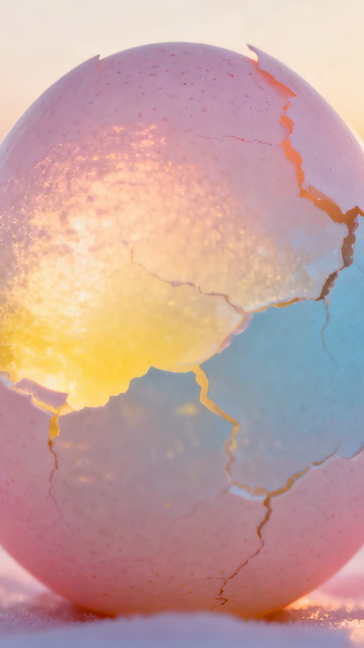 Vertical video: Pink eggshell reacting to inner glow, cracking and revealing yolk for product ads