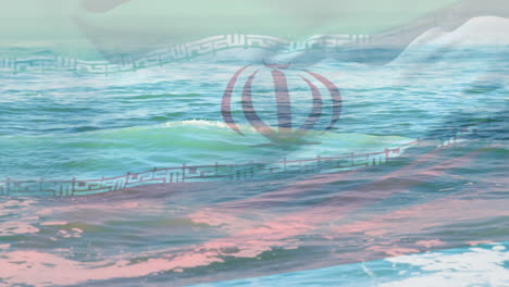 animation of flag of iran blowing over waves in sea