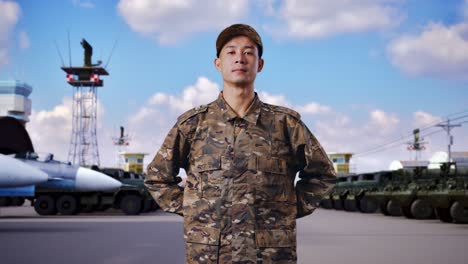 asian army soldier standing against at military camp. brave young servicemen wearing camouflage military uniform