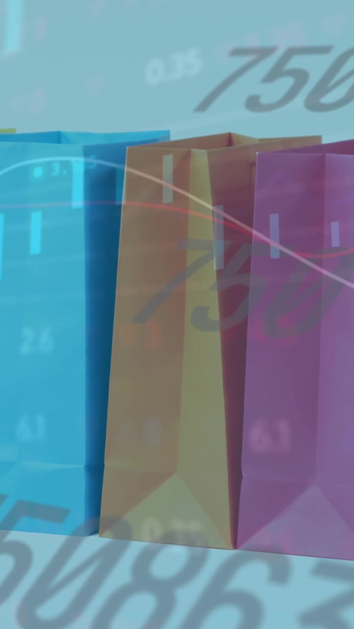 Animazione di numeri che cambiano e elaborazione di dati finanziari su una fila di borse della spesa