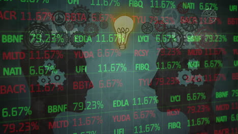 animation of stock market data over gears, heads and bulb