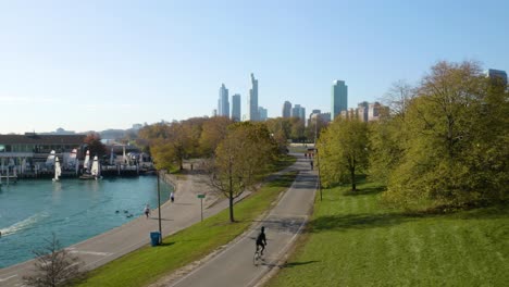 aerial view of people exercising on the lakefront trail in downtown chicago