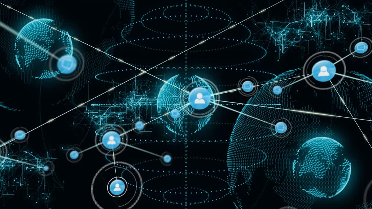 Scene hosting teal dotted spheres starting user icon appearing lines linking nodes growing network