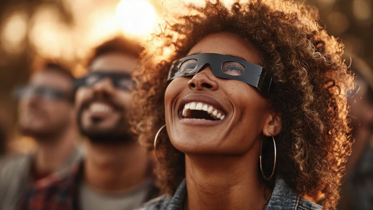 Joyful Enthusiasm During a Celestial Event: Individuals Observing the Sky with Excitement and Special Glasses, Capturing the Essence of Shared Wonder and Discovery