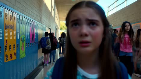 girl looking worried in school hallway