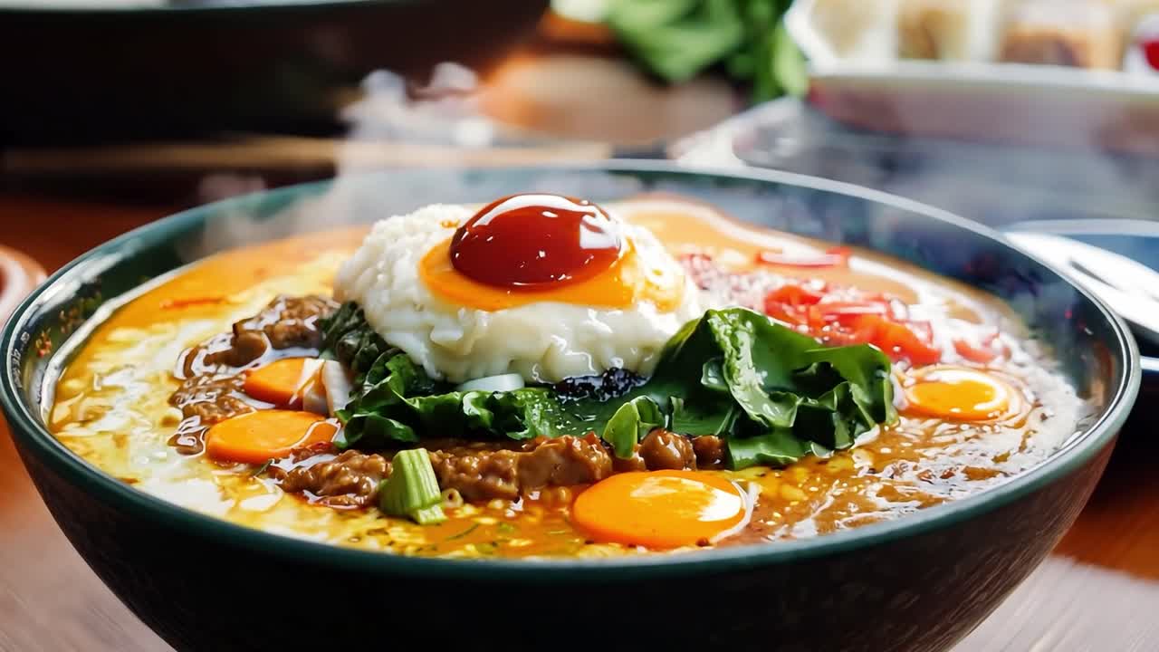 일본 카리 의 증기 있는 그은 빛 쪽을 보여줍니다. 달, 신선한 채소, 그리고 다양한 토핑, 모든 식사 기회에 완벽한 식욕과 편안한 식사를 만니다.