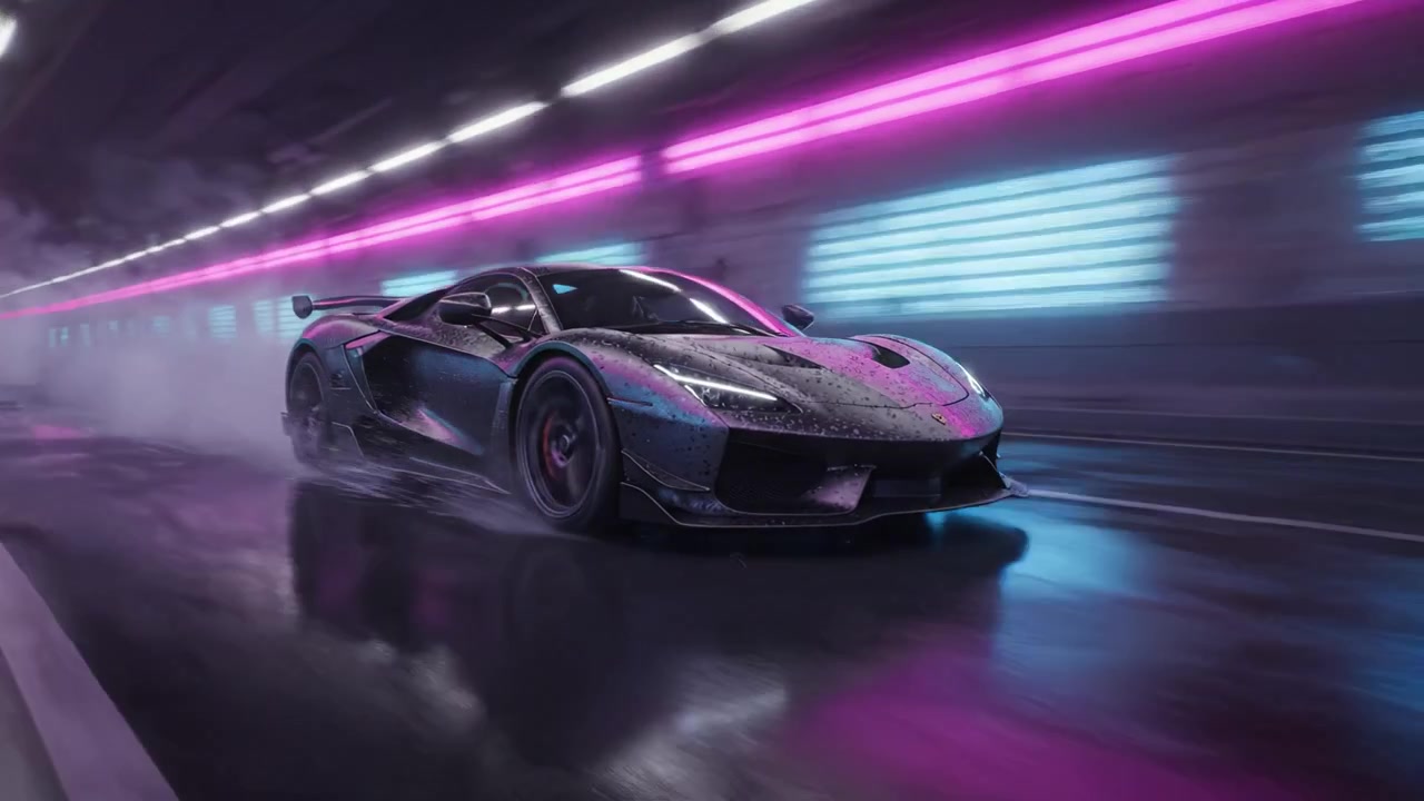 Elegancki, stylowy samochód sportowy pędzi przez futurystyczny, oświetlony neonami tunel, prezentując imponujący design i prędkość w hipnotyzującej, nastrojowej scenerii.
