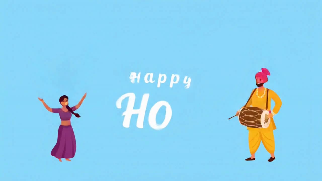 Happy Holi festival celebration with dancing couple and colorful powder clouds