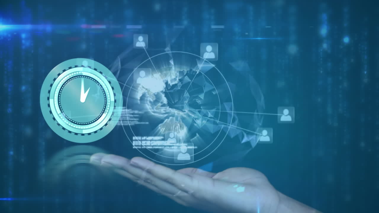 지구와 손에 대한 연결 네트워크와 함께 시계의 애니메이션