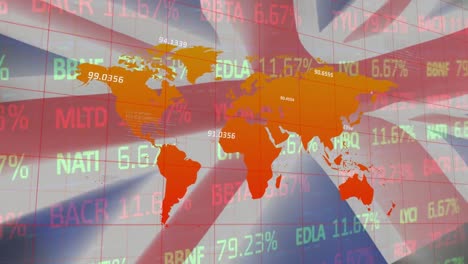 animation of graphical map with stock market trading board over waving british flag