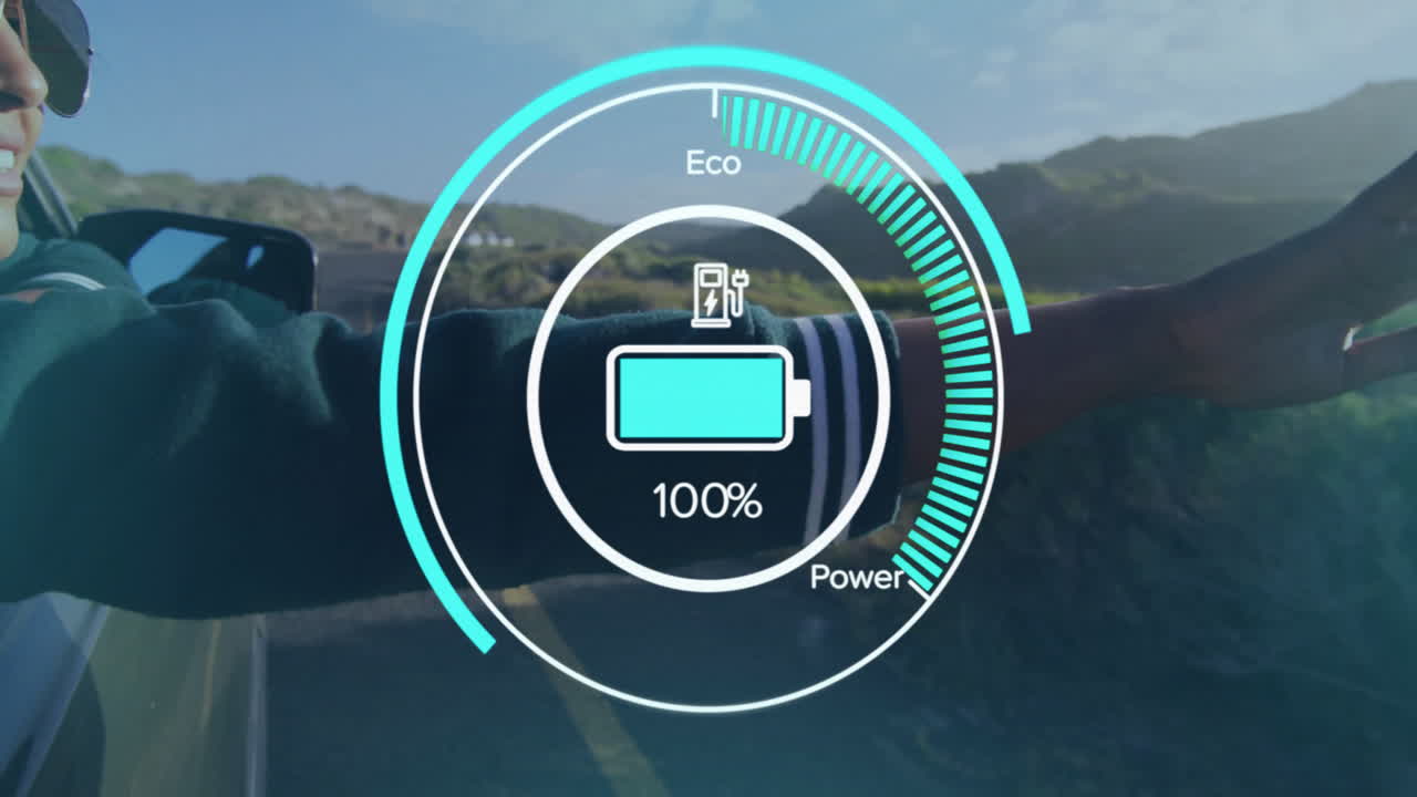 Woman driving electric vehicle on winding road, showing digital battery gauge and charging icon