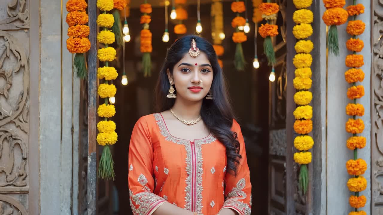 Beautiful young woman wearing traditional orange clothing and jewelry posing in front of a decorated doorway during a hindu religious festival
