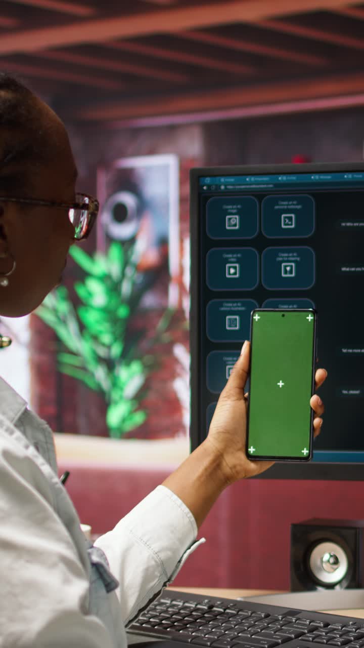 Vertical video Woman using isolated screen smartphone and AI LLM chatbot on computer