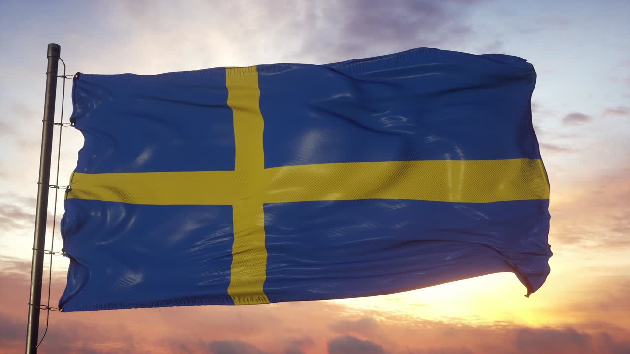 스웨덴 발이 해가 지는 동안 깊은 아름다운 하늘에 대하여 바람에 흔들리고 있다.