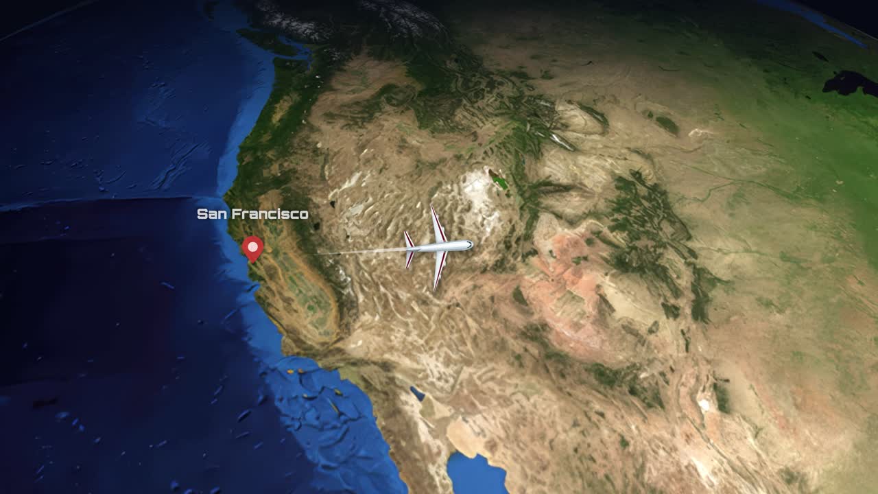 Satellite view animation follows a commercial airplane flying across the United States toward Charlotte