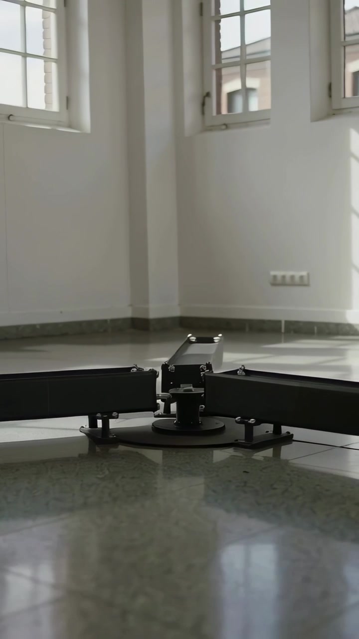 Vertical video: Internal motor engaging, rotating metal assembly with central hub on floor