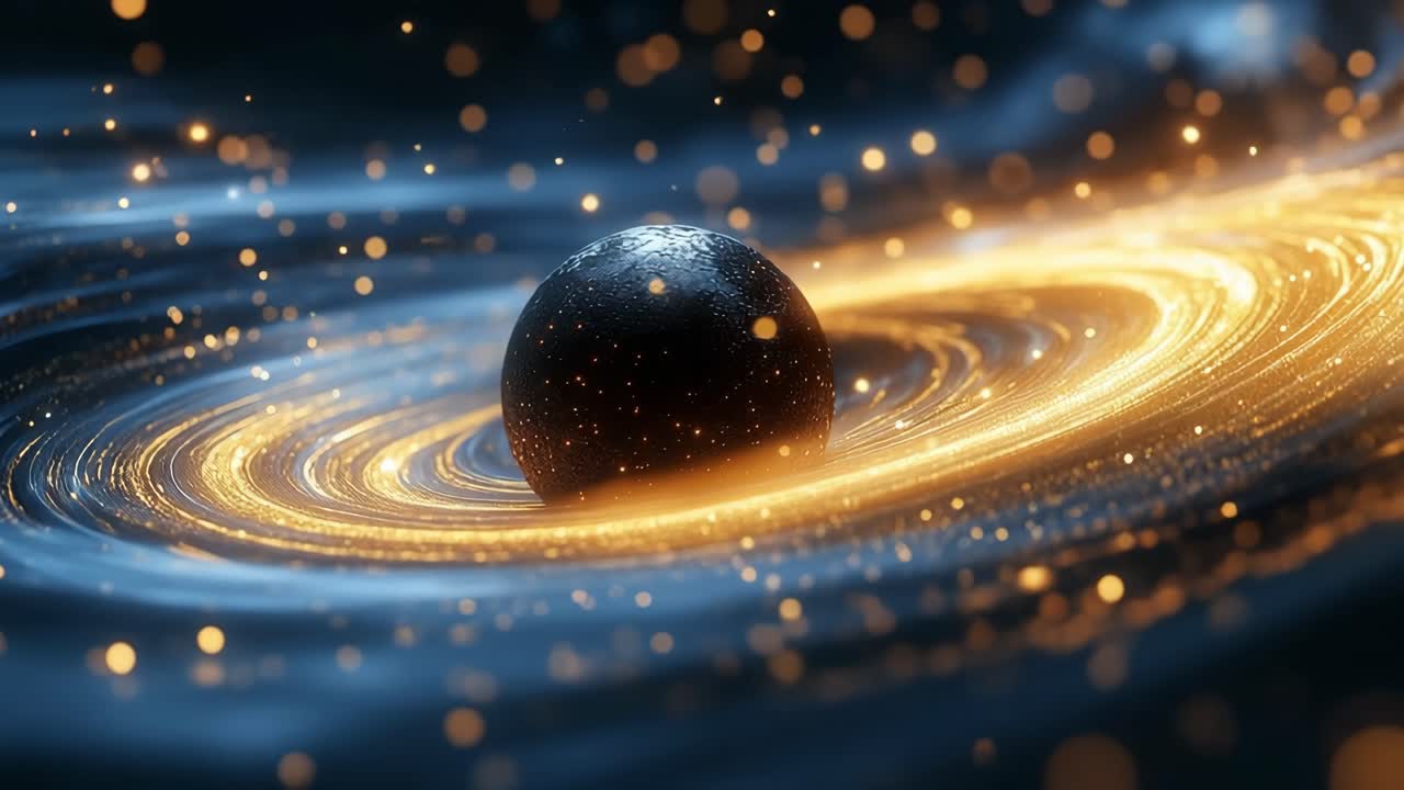 Cosmic whirl of stars and light. A black sphere surrounded by golden light swirls and sparkling particles creates a mesmerizing cosmic scene.