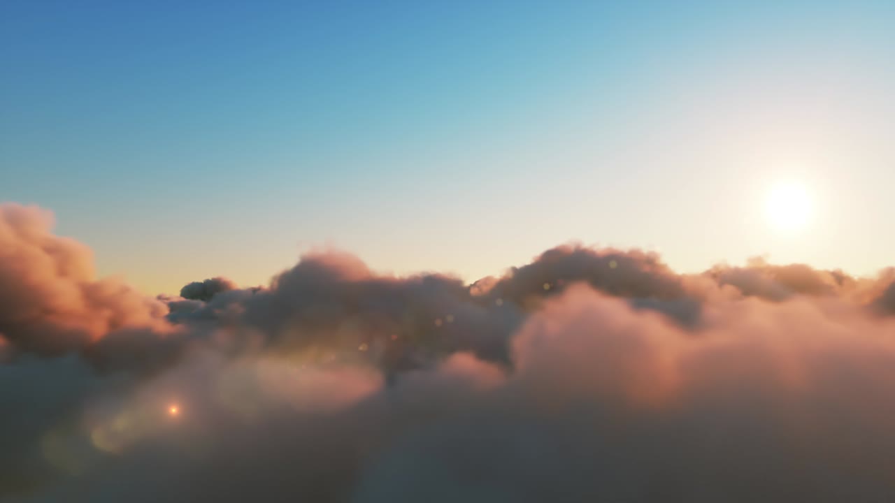 해가 지는 동안 웅장한 구름 위를 날아다니는 아름다운 현실적인 비행