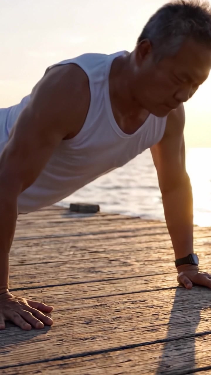 An Inspiring Journey of Commitment and Strength: A Man's Determination Displayed Through Push-Ups at Sunset on a Tranquil Dock by the Water