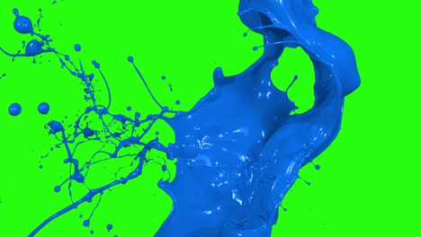 blue paint splashing and splatter from right slow motion isolated on green screen 4k