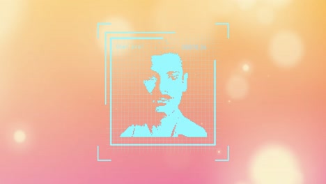 animation of data processing with diverse people portraits over light spots on orange background